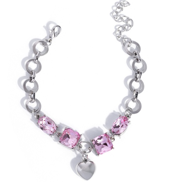 NWT Silver/Pink Heart & Rhinestones Bracelet - Picture 3 of 4